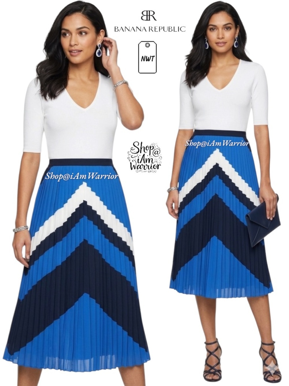 Banana Republic NWT cobalt blue/white/black chevron pleaded midi skirt